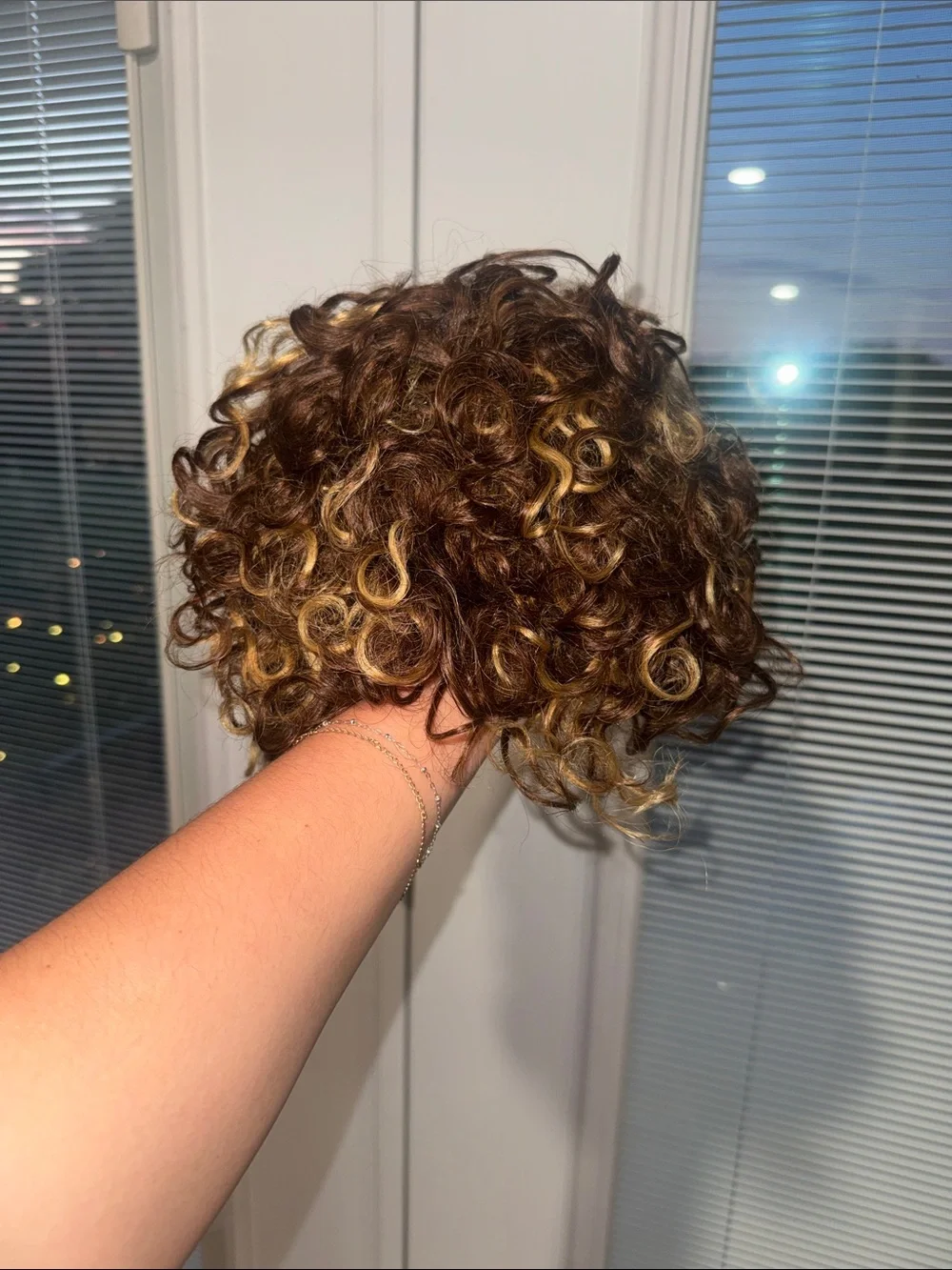 Human Curly Hair Wig in Brown with Blonde Highlights